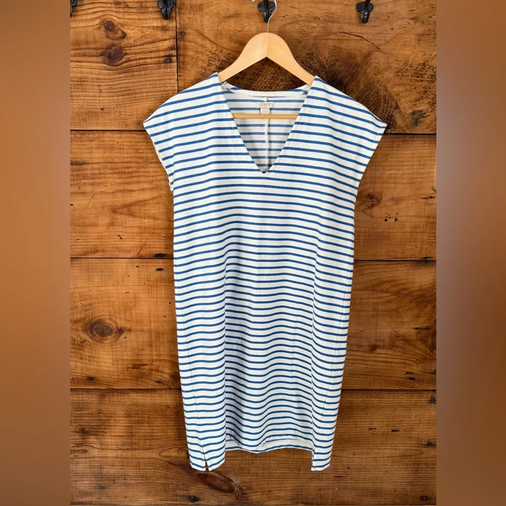 J CREW Factory Blue White Striped V-neck Shift Dress Women’s Nautical - Small - Picture 1 of 7